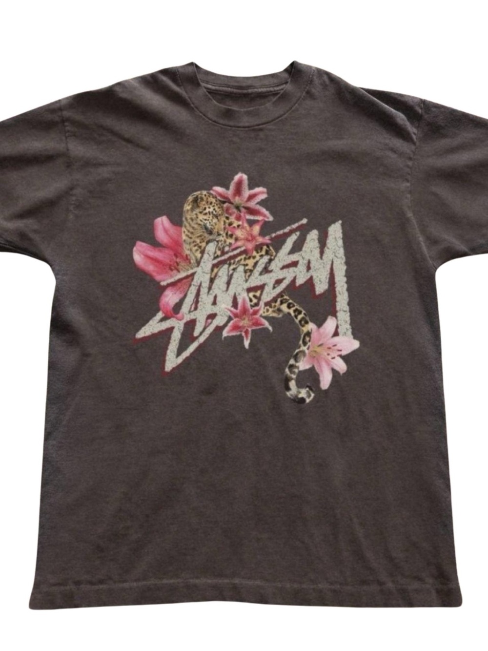 Brown Graphic Tee with Pink Floral & Leopard Print
